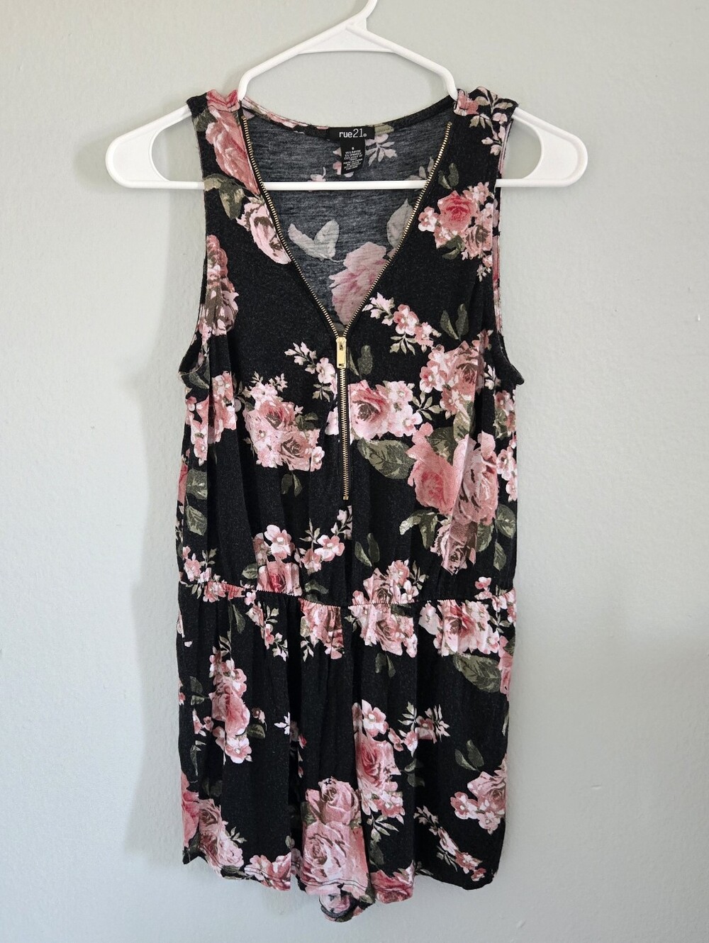 Rue21 Black Floral Zip-Front Romper with Pink Roses